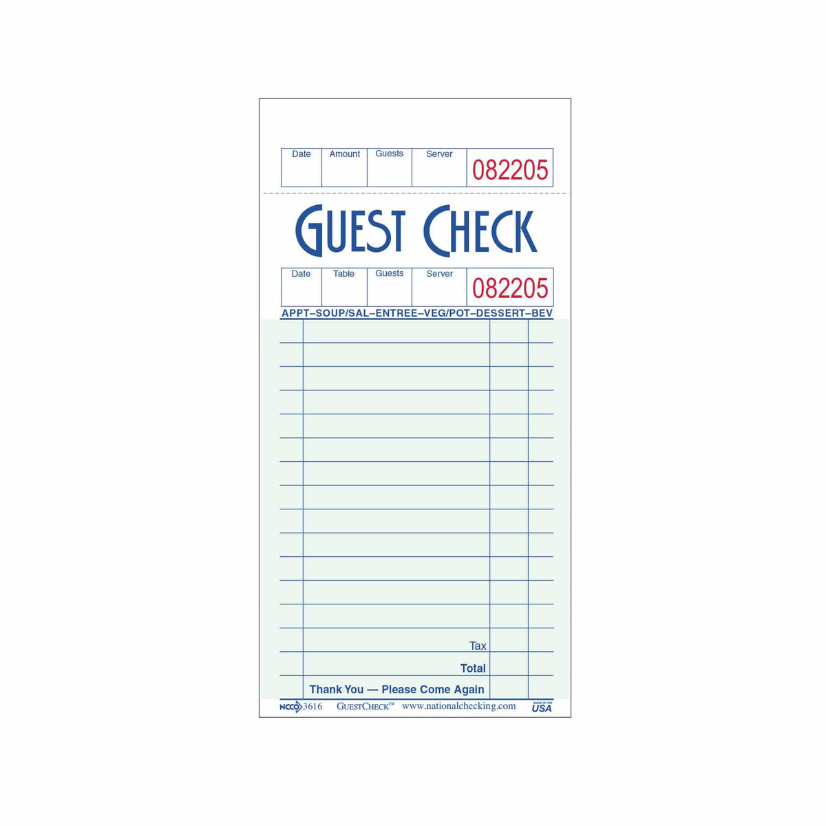 Green 16-Line Guest Check Paper